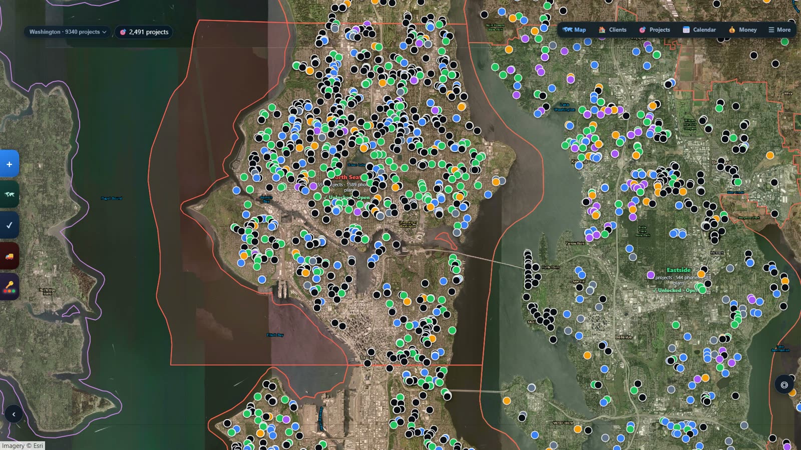 El mapa de Build Radar sobre Seattle, con miles de proyectos